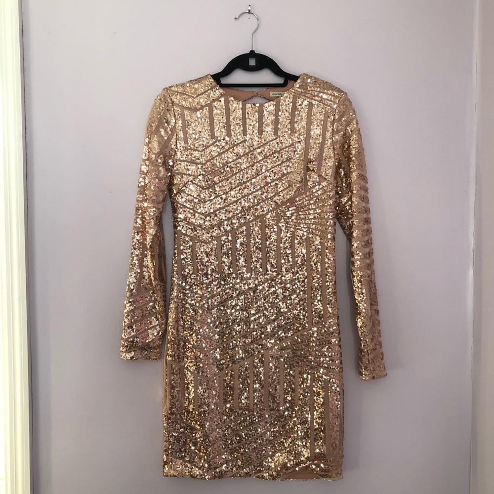 Rose Gold Sequin Open Back Long Sleeve Dress